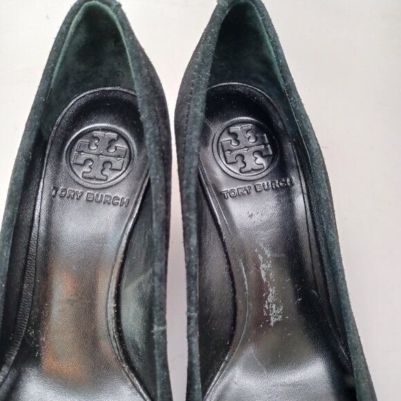 Tory Burch Shoes Sophie Miller Black Suede Wedge Leather Logo on Toe Womens 5 M - Picture 11 of 14